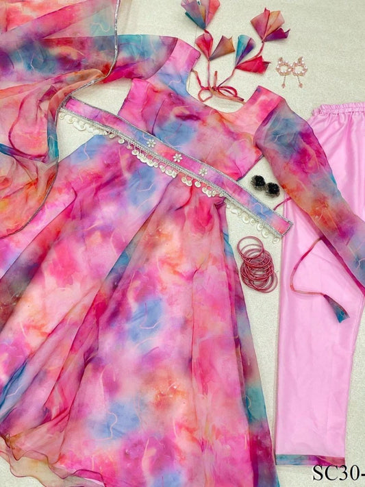 Baby Pink Organza Silk Digital Printed Anarkali Gown with Silk Pants